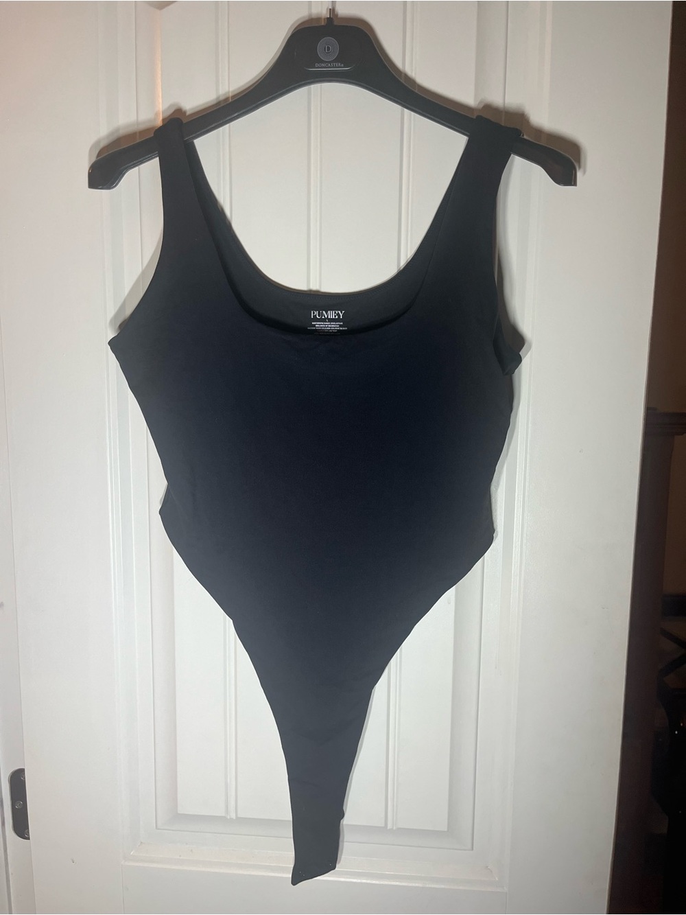Pumiey High Cut thong Black One-Piece Scoop neck Bodysuit, size L